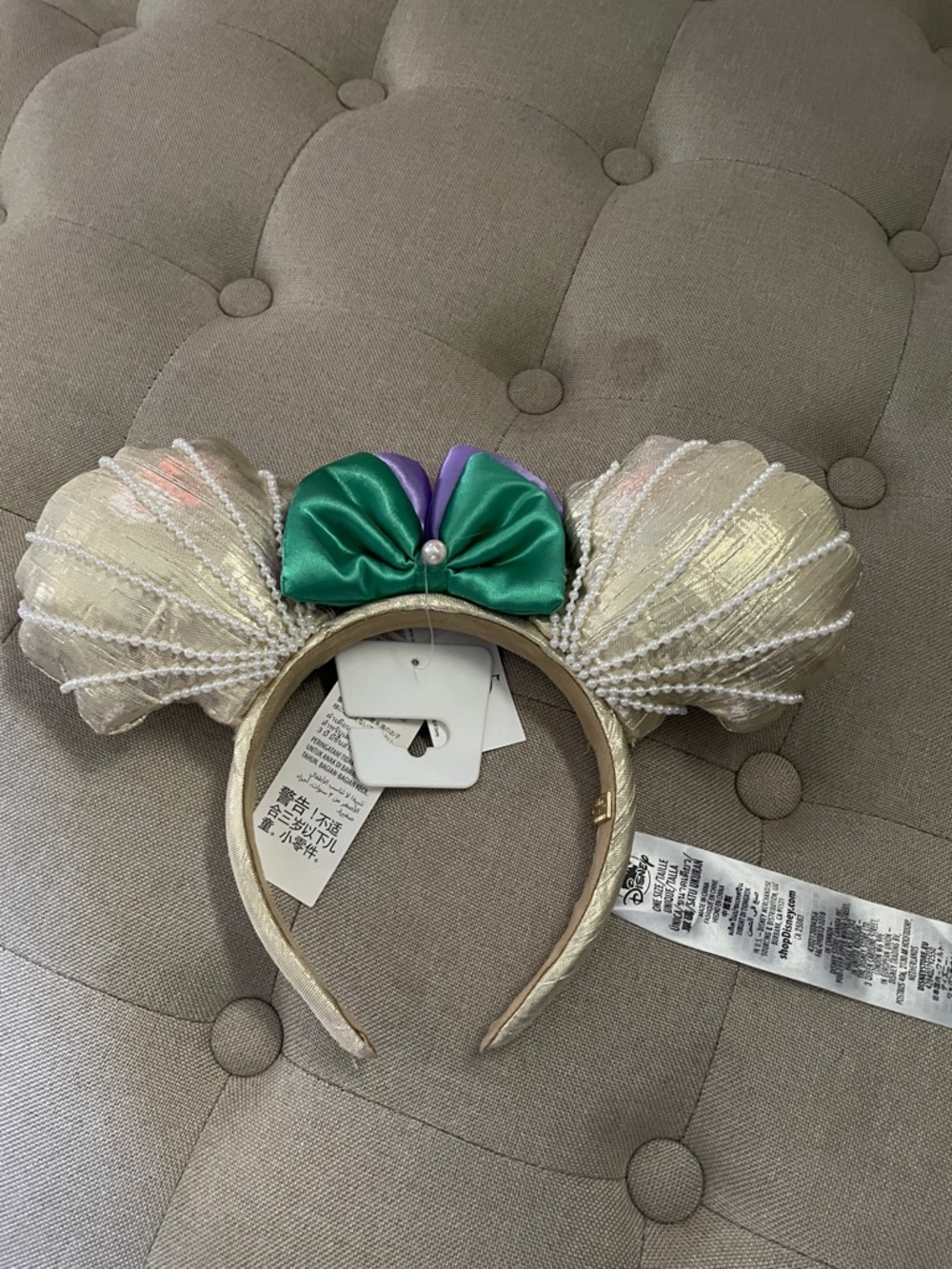 NEW Disney Parks Mermaid Shell Minnie Ears with Green & Purple Bow